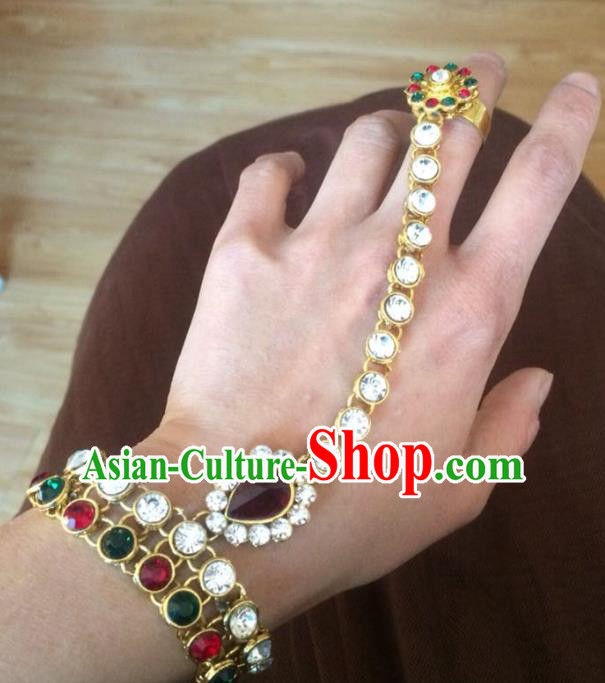 Indian Traditional Wedding Crystal Bracelet with Ring Asian India Court Bride Jewelry Accessories for Women