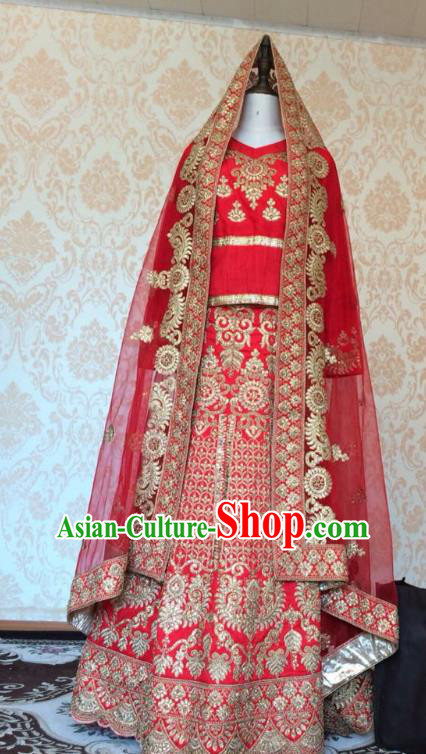 Indian Traditional Court Red Lehenga Costume Asian Hui Nationality Wedding Bride Embroidered Dress for Women