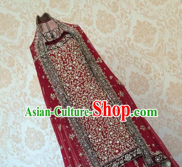 Indian Traditional Court Embroidered Beading Wedding Dress Asian Hui Nationality Bride Red Lehenga Costume for Women