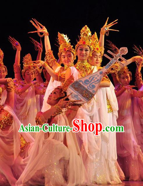 Chinese Traditional Dance Si Lu Hua Yu White Dress Classical Dance Flying Apsaras Stage Performance Costume for Women