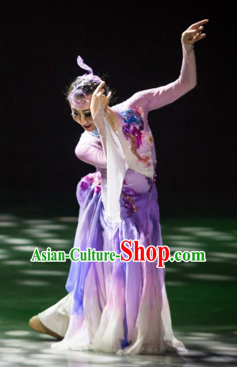 Chinese Colorful Clouds Chasing the Moon Dance Purple Dress Traditional Classical Dance Stage Performance Costume for Women