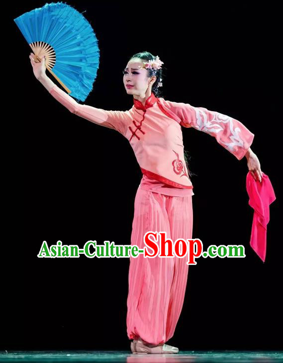 Chinese You Ran Qing Yun Folk Dance Pink Outfits Traditional Fan Dance Stage Performance Costume for Women