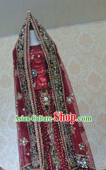 Indian Traditional Court Wedding Diamante Purplish Red Lehenga Costume Asian Hui Nationality Bride Dress for Women