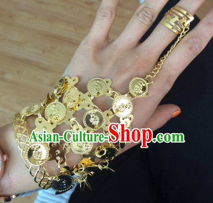 Indian Traditional Wedding Golden Bracelet with Ring Asian India Court Bride Jewelry Accessories for Women