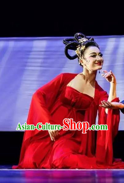 Chinese Chang Hen Tang Dynasty Consort Yang Dance Red Dress Traditional Classical Dance Stage Performance Costume for Women