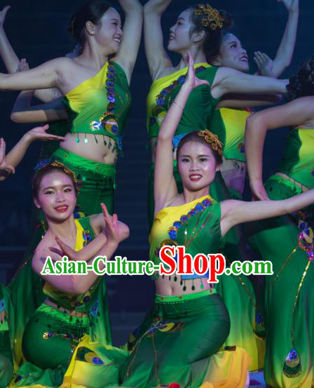 Chinese Rain Bamboo Dai Nationality Peacock Dance Green Outfits Traditional Classical Dance Stage Performance Costume for Women