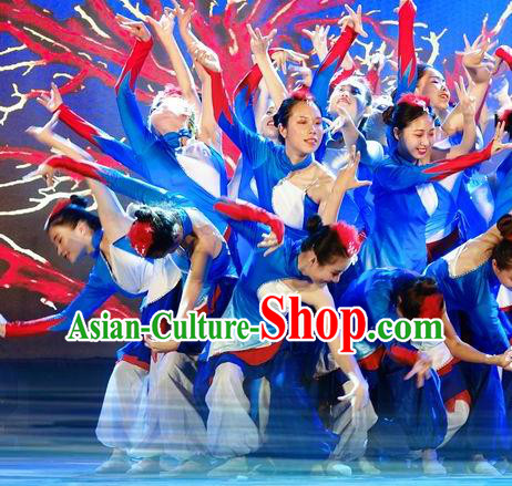 Chinese Stage Performance Red Coral Folk Dance Blue Dress Traditional Fan Dance Costume for Women