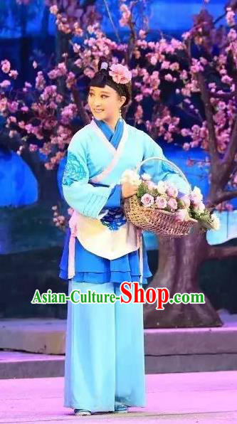 Chinese Shaoxing Opera Country Girl Blue Apparels Costumes and Headpieces He Wenxiu Yue Opera Xiaodan Maidservant Dress Garment