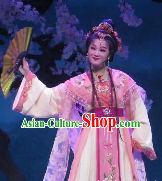 Chinese Shaoxing Opera Actress Pink Dress and Headdress Li Hua Qing Yue Opera Hua Tan Garment Rich Lady Leng Yan Apparels Costumes