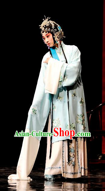 Chinese Kun Opera Actress The Peach Blossom Fan Blue Dress Apparels Peking Opera Hua Tan Garment Li Xiangjun Costumes and Headwear