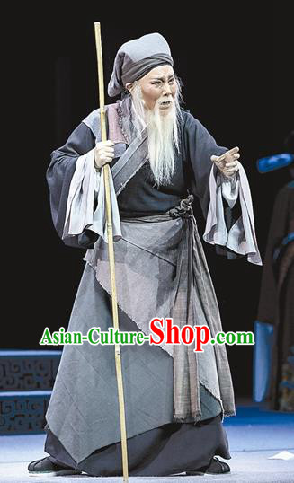 Chinese Yue Opera Poor Old Man Apparels and Headwear Breeze Pavilion Shaoxing Opera Elderly Male Zhang Yuanxiu Garment Costumes