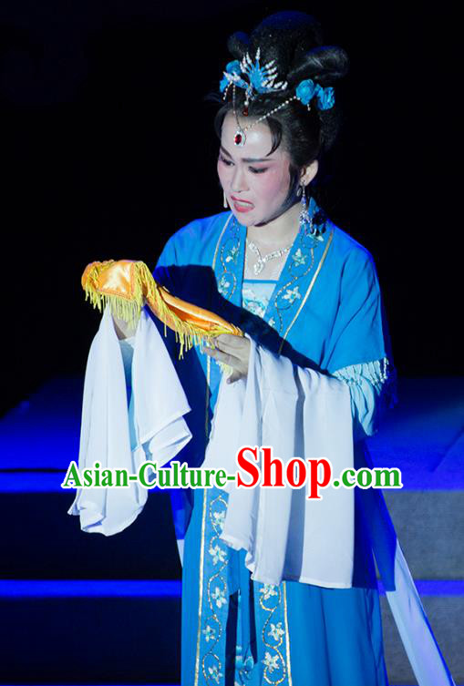 Chinese Shaoxing Opera Noble Consort Li Blue Dress Costumes and Headpieces Palm Civet for Prince Yue Opera Actress Garment Apparels