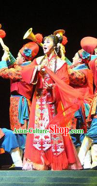 Chinese Shaoxing Opera Hua Tan Red Dress Costumes and Headdress A Song of The Travelling Son Yue Opera Actress Wedding Apparels Bride Garment