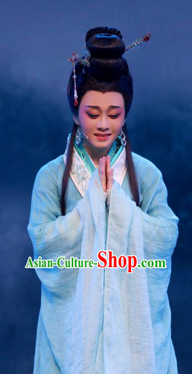 King Wu Yue Chinese Shaoxing Opera Actress Blue Dress Garment and Headpieces Yue Opera Hua Tan Imperial Consort Apparels Costumes
