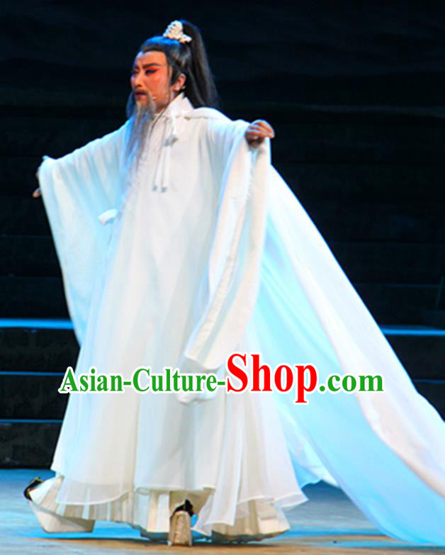 Chinese Yue Opera Poet White Apparels Costumes and Headwear Qu Yuan Shaoxing Opera Laosheng Elderly Male Robe Garment