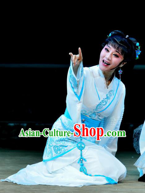 Qu Yuan Chinese Shaoxing Opera Young Lady Actress Costumes Garment and Headpieces Yue Opera Hua Tan Chan Juan White Hanfu Dress Apparels