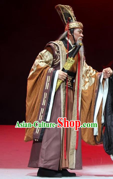 Chinese Yue Opera Elderly Male Costumes and Headwear Qu Yuan Shaoxing Opera Laosheng Official Zhang Yi Apparels Garment