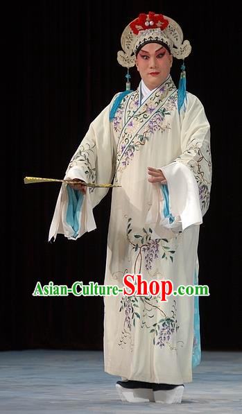 Chinese Beijing Opera Scholar White Robe Garment and Headwear Pick Up the Jade Bracelet Shaoxing Opera Xiaosheng Fu Peng Apparels Costumes