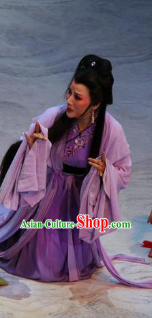 Chinese Shaoxing Opera Noble Consort Purple Dress Garment Costumes and Headdress Palm Civet for Prince Yue Opera Female Role Court Woman Apparels