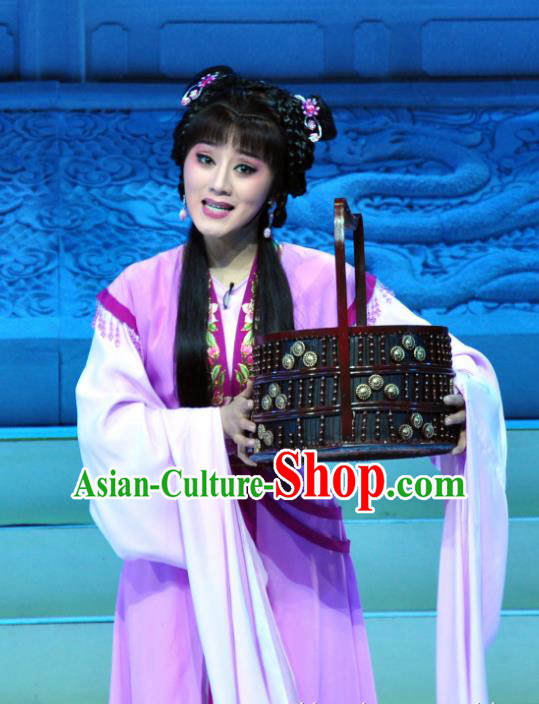 Chinese Shaoxing Opera Court Maid Purple Dress Garment and Headdress Palm Civet for Prince Yue Opera Hua Tan Kou Zhu Apparels Costumes