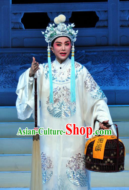 Chinese Yue Opera Palm Civet for Prince Costumes and Headwear Shaoxing Opera Apparels Court Eunuch Chen Lin White Embroidered Robe Garment