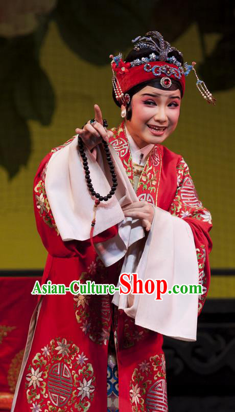 Chinese Shaoxing Opera Elderly Female Red Dress Costumes and Headdress Lai Marriage Yue Opera Lao Dan Rich Dame Garment Apparels