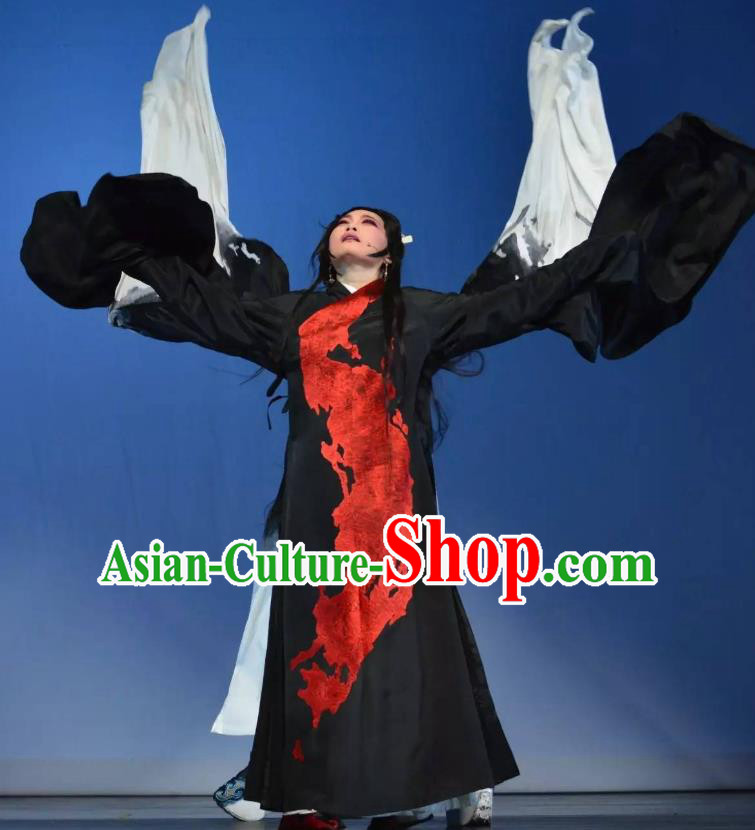 Chinese Shaoxing Opera Distress Maiden Black Dress Apparels Costumes and Headpieces Qing Teng Kuang Ge Yue Opera Actress Young Female Garment