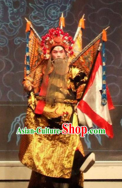 Chinese Kun Opera Elderly Male Apparels The Peach Blossom Fan Peking Opera Garment General Kao Armor Suit with Flags Costumes and Headwear