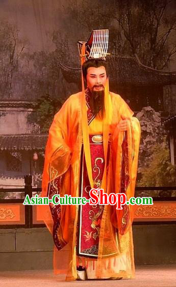 Chinese Yue Opera Emperor Elderly Male Garment Costumes and Headwear Shaoxing Opera Han Wen Empress Apparels