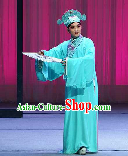 Chinese Beijing Opera Young Male Blue Robe Garment and Hat Pick Up the Jade Bracelet Shaoxing Opera Xiaosheng Fu Peng Scholar Apparels Costumes