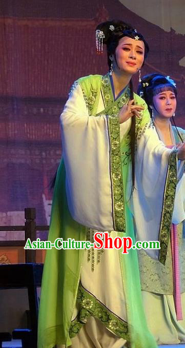 Chinese Shaoxing Opera Hua Tan Green Dress Costumes and Headpieces Han Wen Empress Yue Opera Actress Palace Lady Garment Apparels