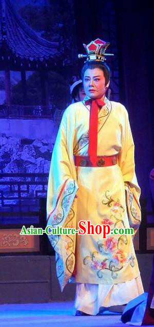 Chinese Yue Opera Niche Scholar Garment Costumes and Headwear Han Wen Empress Shaoxing Opera Young Male Yellow Robe Apparels Clothing