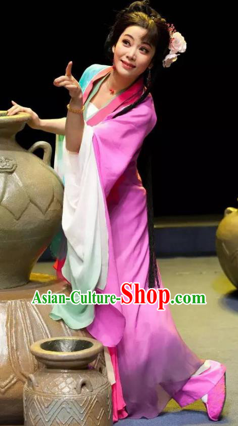 Chinese Shaoxing Opera Actress Rosy Dress and Headpieces Smoky Rain Celadon Yue Opera Hua Tan Garment Apparels Young Lady Costumes