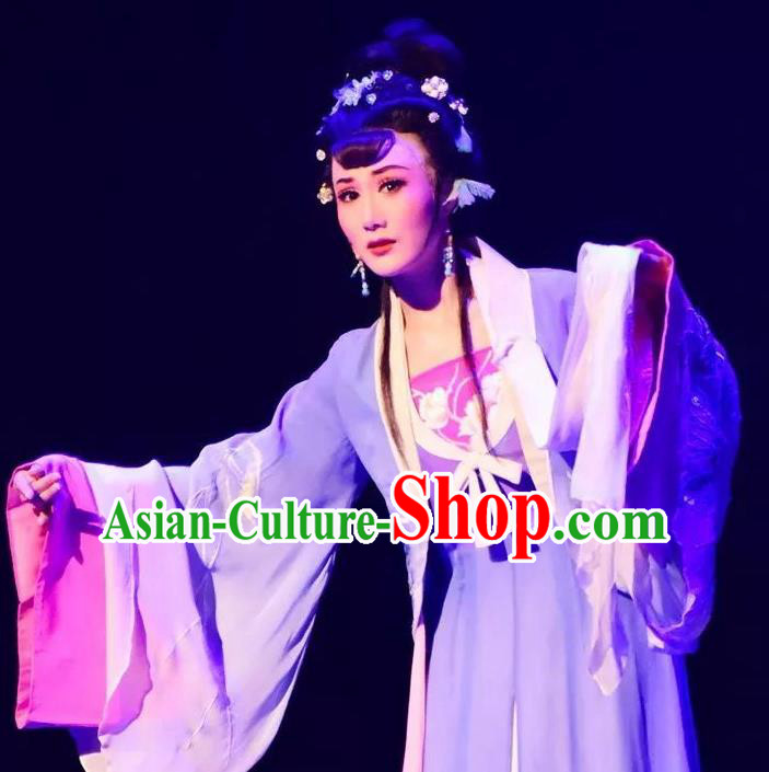 Chinese Shaoxing Opera Hua Tan Actress Dress Apparels and Hair Accessories Smoky Rain Celadon Yue Opera Young Lady Garment Costumes