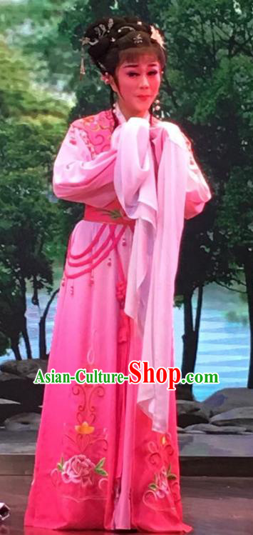 The Crimson Palm Chinese Shaoxing Opera Young Female Garment Costumes and Headwear Yue Opera Hua Tan Wang Qianjin Dress Apparels