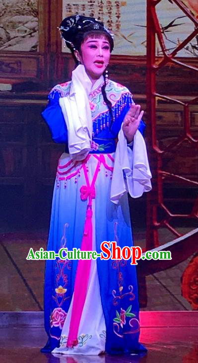 The Crimson Palm Chinese Shaoxing Opera Hua Tan Garment Apparels Costumes and Headpieces Yue Opera Young Female Wang Qianjin Blue Dress