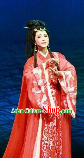 Chinese Shaoxing Opera Young Lady Tong Que Tai Garment Apparels Costumes and Headdress Yue Opera Hua Tan Diao Chan Red Hanfu Dress