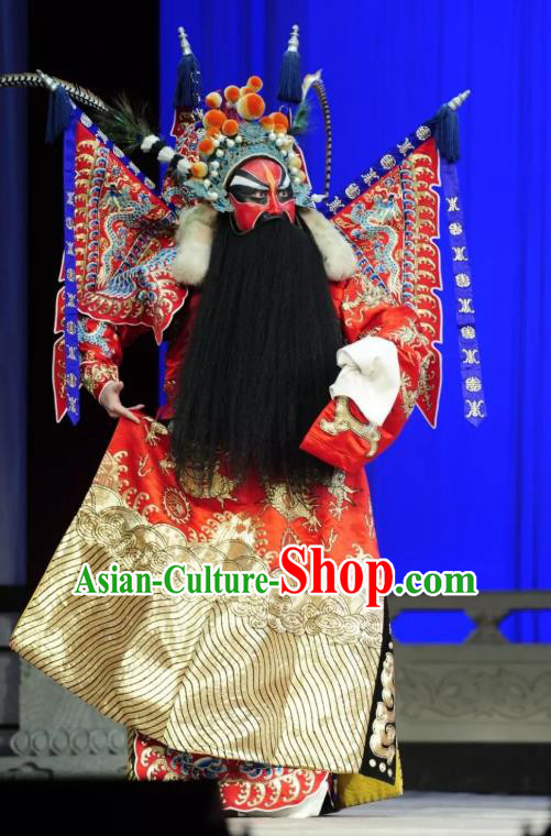 Chinese Historical Beijing Opera General Red Kao Armor Suit with Flags Apparels Zhu Lian Zhai Peking Opera Elderly Male Garment Costumes and Headpiece