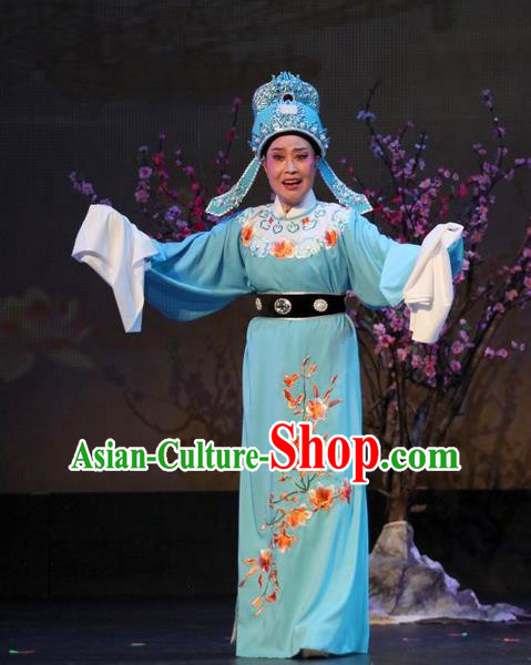 The Purple Hairpin Chinese Yue Opera Scholar Li Yi Costumes and Headwear Shaoxing Opera Xiaosheng Garment Apparels Young Male Blue Robe