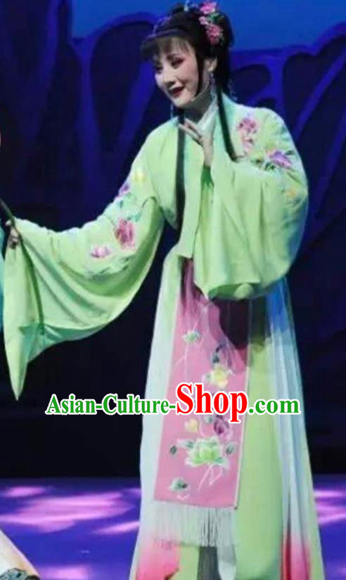 Chinese Shaoxing Opera Actress Green Dress Apparels and Hair Accessories Mo Chou Nv Yue Opera Hua Tan Young Lady Garment Costumes