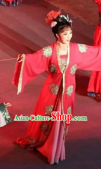 Chinese Shaoxing Opera Hua Tan Red Dress Apparels and Hair Accessories Baihua River Yue Opera Actress Young Female Cai Feng Garment Costumes