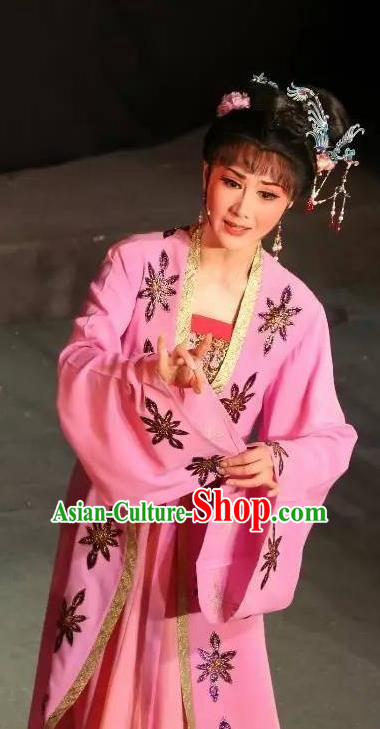 Chinese Shaoxing Opera Young Female Hua Tan Pink Dress Apparels Garment and Hair Accessories Baihua River Yue Opera Actress Cai Feng Costumes