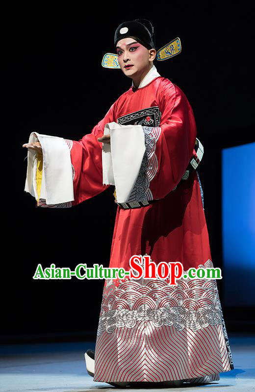 Chinese Classical Kun Opera Young Male Chancellor Apparels The Story of Pipa Peking Opera Garment Number One Scholar Red Official Costumes and Hat