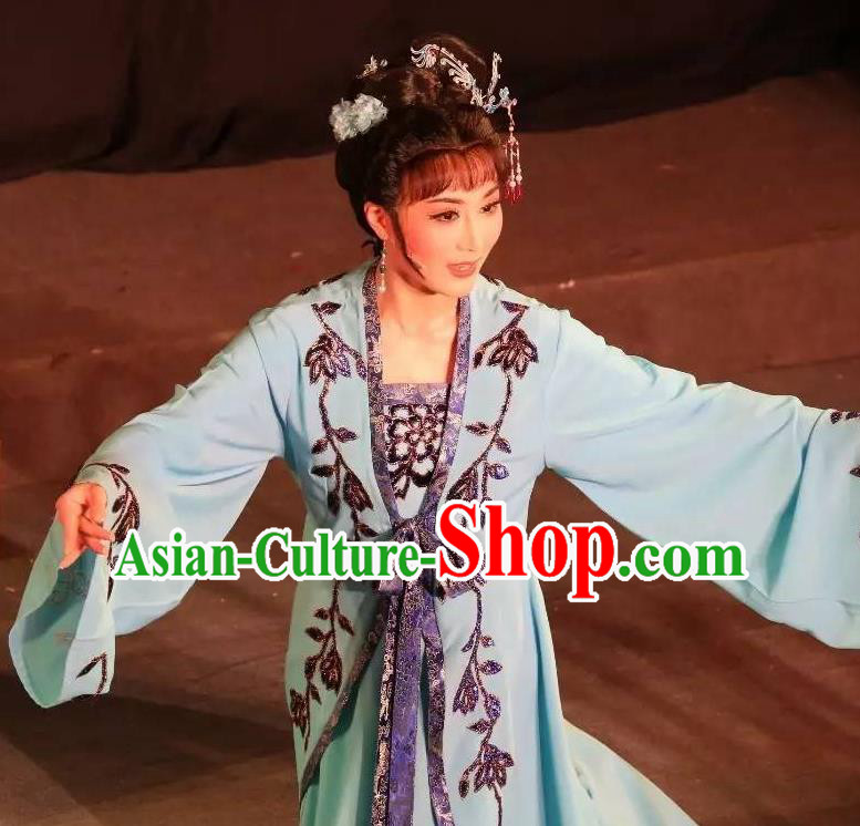 Chinese Shaoxing Opera Actress Young Female Blue Dress Garment and Hair Accessories Baihua River Yue Opera Hua Tan Cai Feng Costumes Apparels