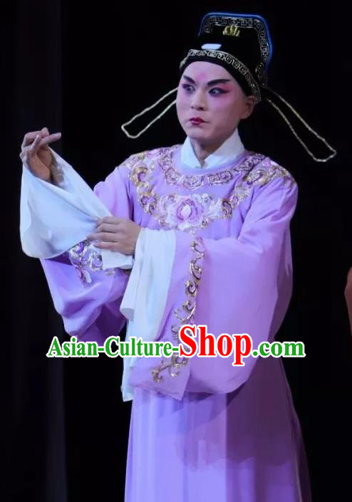 Chinese Classical Kun Opera Scholar Niche Apparels The Story of Pipa Peking Opera Garment Young Male Purple Robe Costumes and Hat