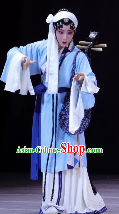 Chinese Kun Opera Civilian Female Blue Dresses Costumes The Story of Pipa Peking Opera Apparels Tsing Yi Garment and Headwear