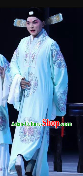 Chinese Classical Kun Opera Niche Scholar Apparels The Story of Pipa Peking Opera Garment Young Male Blue Robe Costumes and Hat