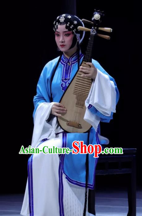 Chinese Kun Opera Tsing Yi Blue Dresses Costumes The Story of Pipa Peking Opera Garment Distress Maiden Apparels and Headwear