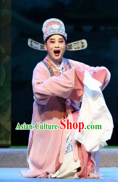 Chinese Classical Kun Opera Scholar Apparels The Story of Pipa Peking Opera Garment Young Male Pink Robe Costumes and Hat