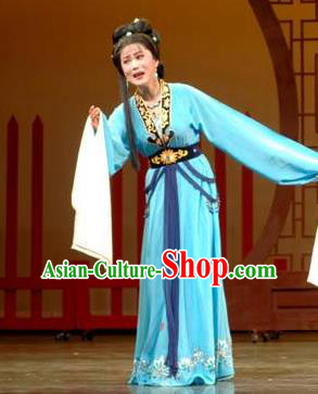 Chinese Shaoxing Opera Hua Tan Actress Chen Sanliang Blue Dress Costumes and Headpieces Yue Opera Distress Maiden Garment Apparels